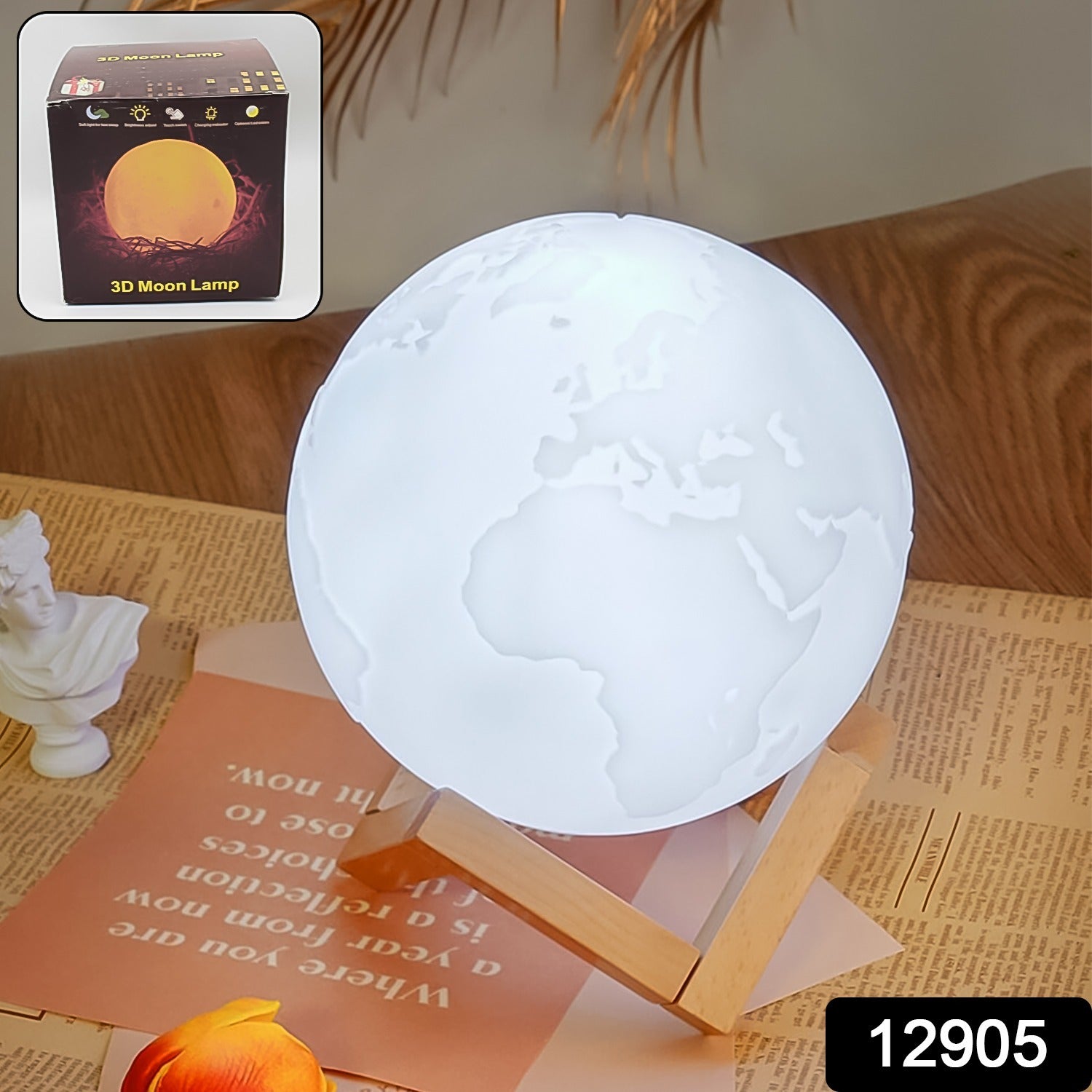 3D Moon Night Lamp with Stand (Color Box /  White & Yellow Light / 1 Pc)