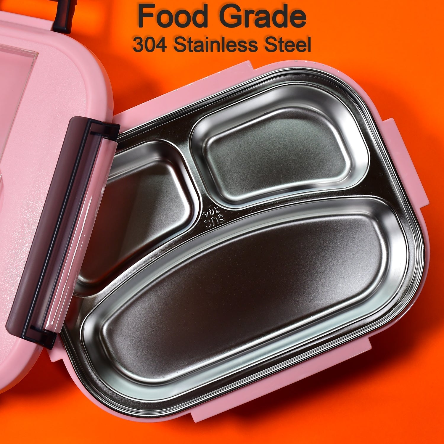 Pink Lunch Box for Kids and adults, Stainless Steel Lunch Box with 3 Compartments With spoon slot.