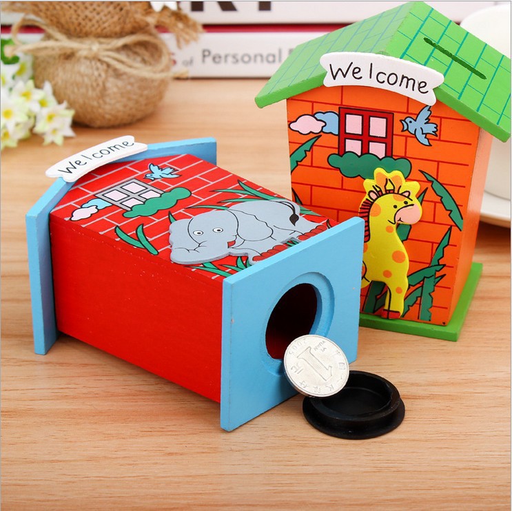 Cute Cartoon House Shaped Lovely Wooden Piggy Bank Money Bank