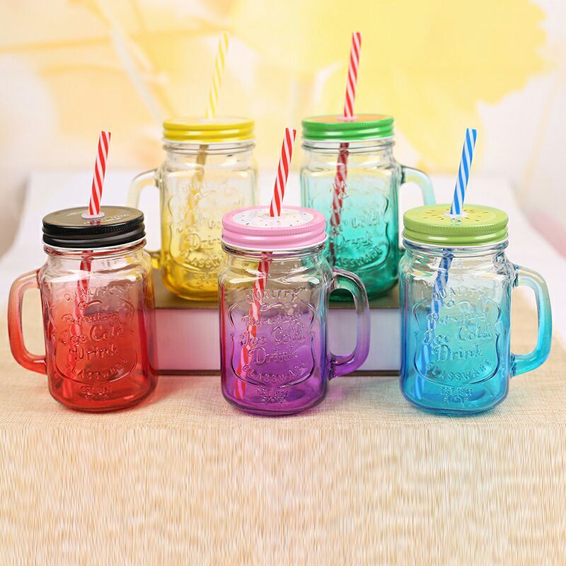 Drinking Cup / Glass / Mug Mason Jar with Handle & Straw