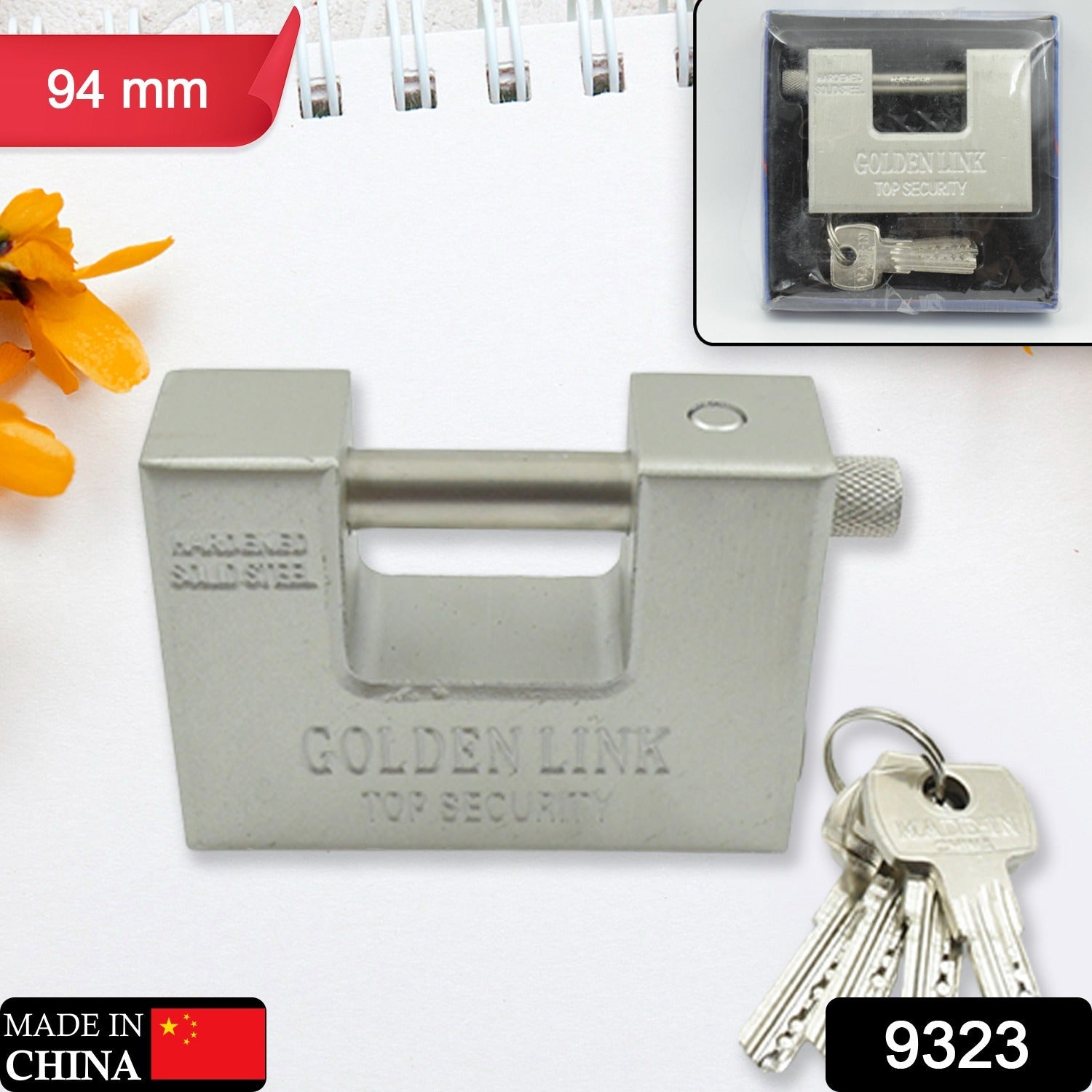 94mm Stainless Steel Padlock: Rectangular, Hardened Steel, 5 Keys