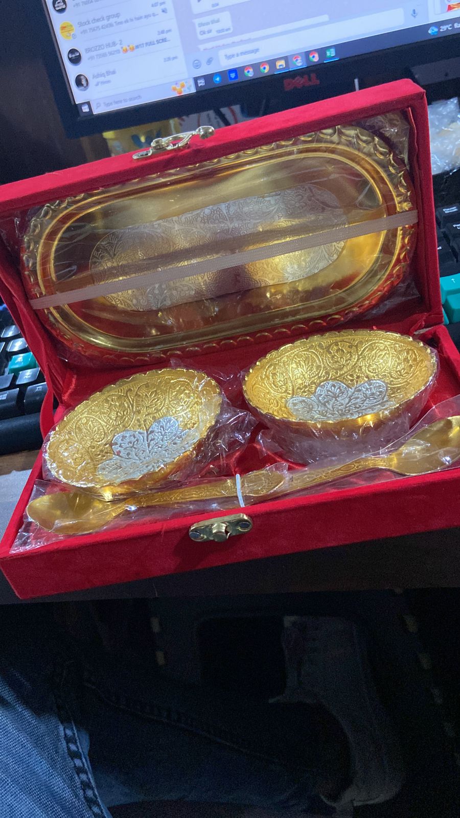 Gold Silver Plated 2 Bowl 2 Spoon Tray Set Brass with Red Velvet Gift Box Serving Dry Fruits Desserts Gift