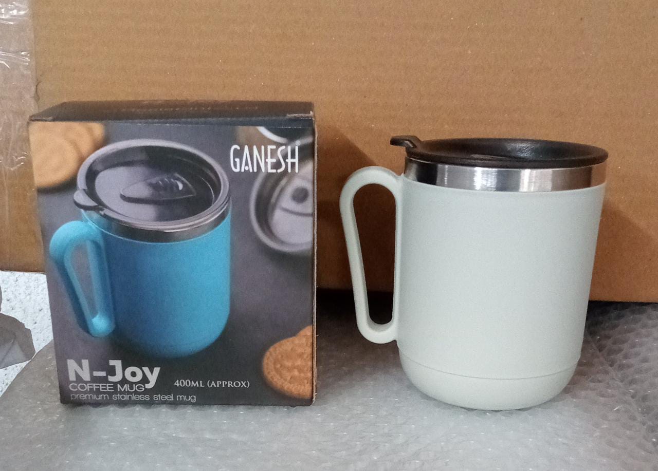 Ganesh Premium Stainless Steel Coffee Mug with heat resistant mug lid. Approx 400Ml mug.