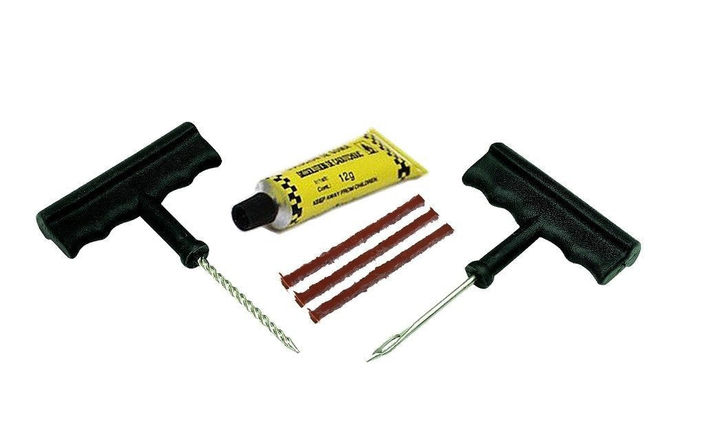 Puncture Repair Kit Tubeless Tyre Full Set with Nose Pliers, Rubber Cement and Extra Strips for Cars, Bikes