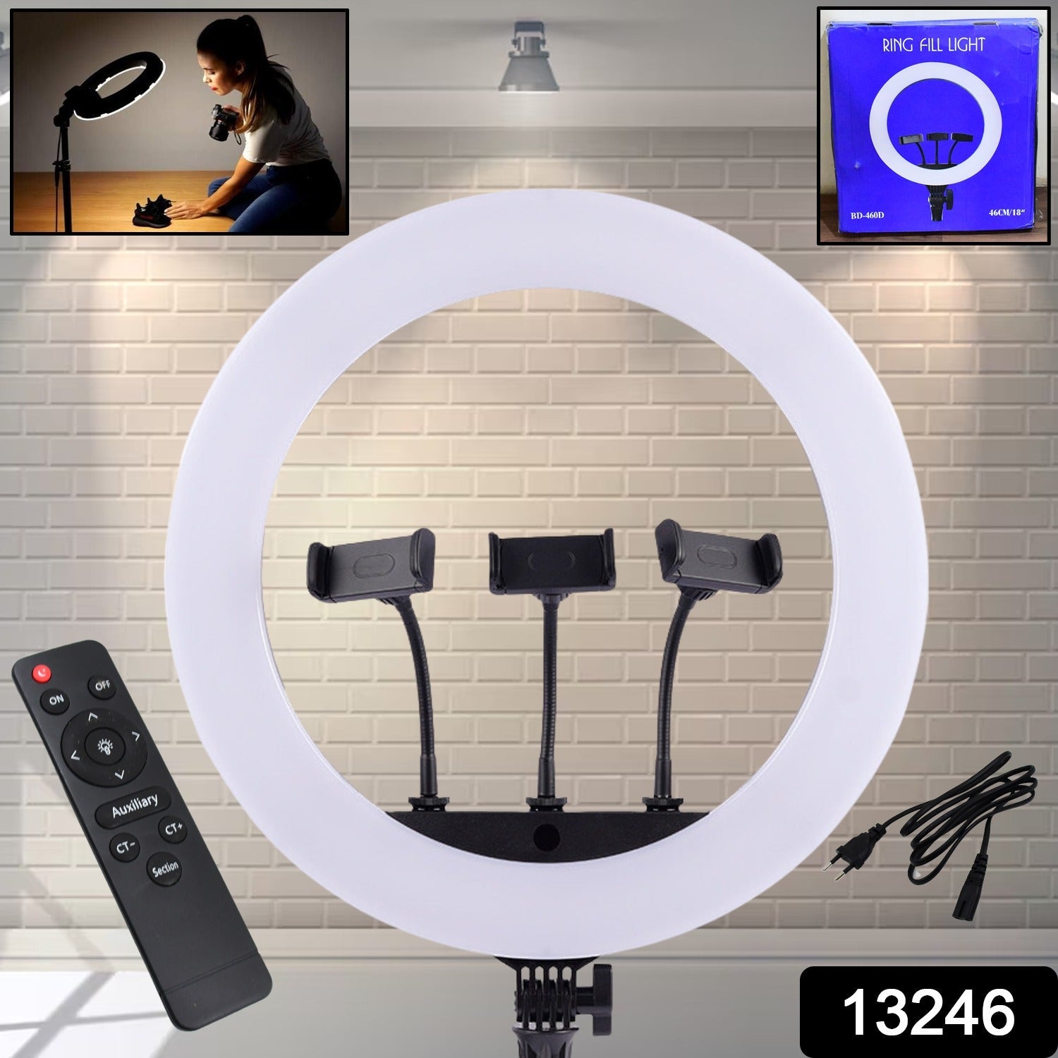 18 Inch LED Ring Light with 3 Colour Modes & 3 Mobile Holders, Remote Control (1 Set)