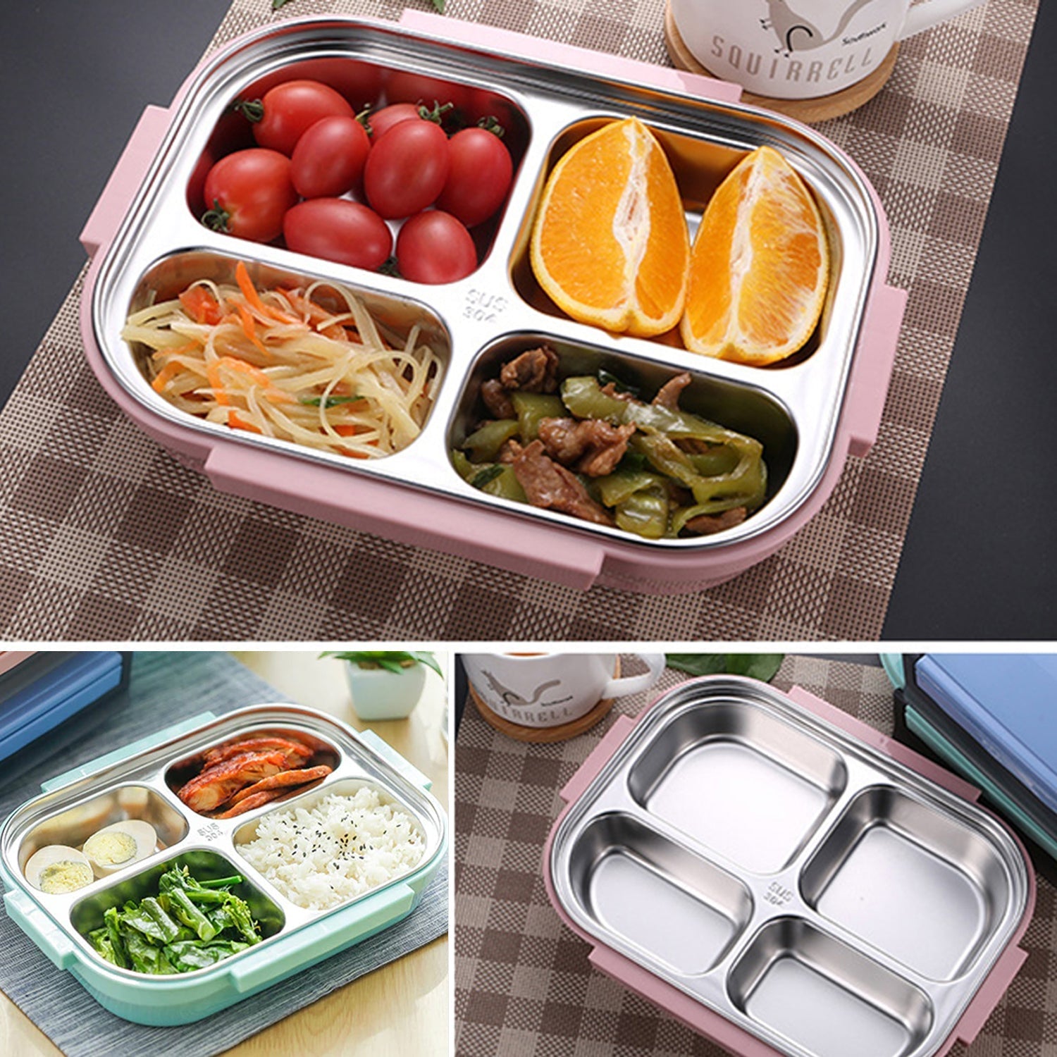 Black Transparent 4 Compartment Lunch Box for Kids and adults, Stainless Steel Lunch Box with 4 Compartments.