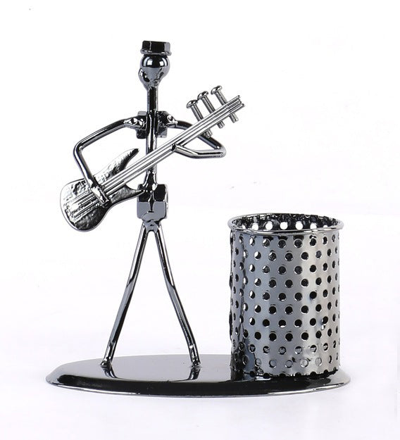 Iron Musician Playing Bass Guitar Pen Stand Showpiece