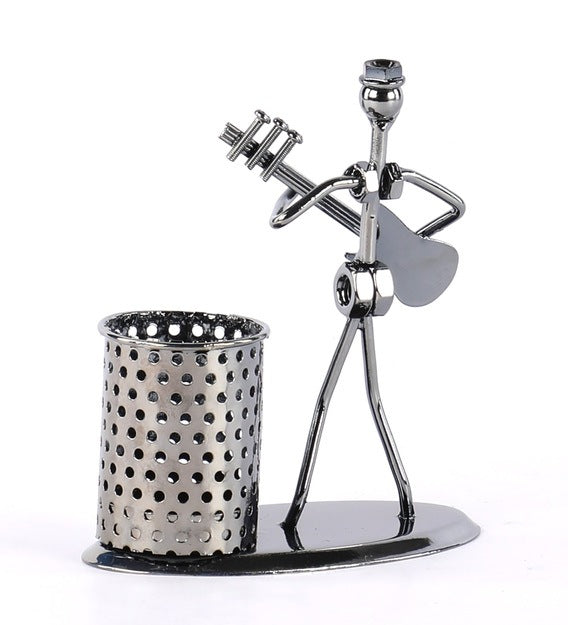 Iron Musician Playing Bass Guitar Pen Stand Showpiece