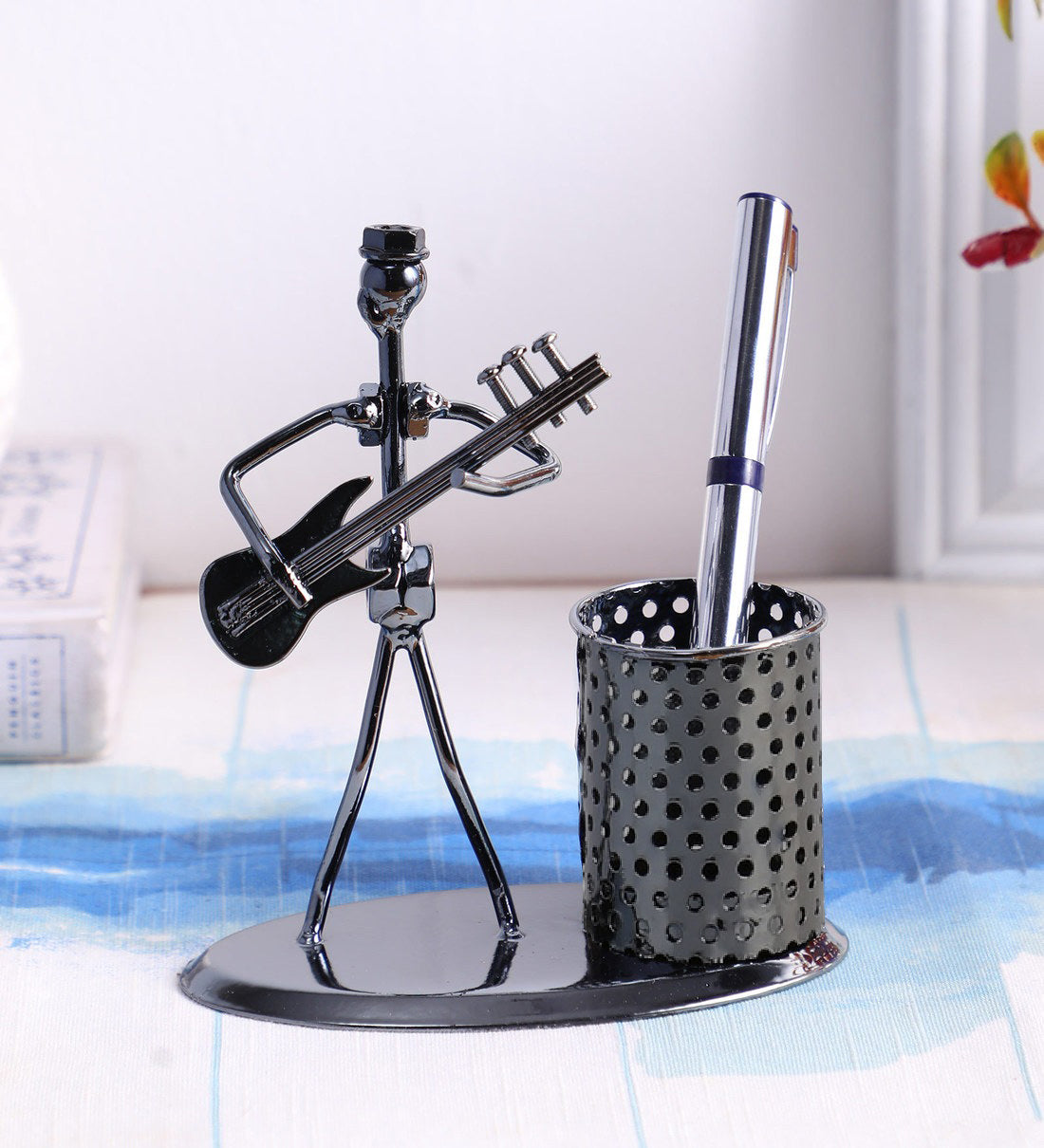 Iron Musician Playing Bass Guitar Pen Stand Showpiece